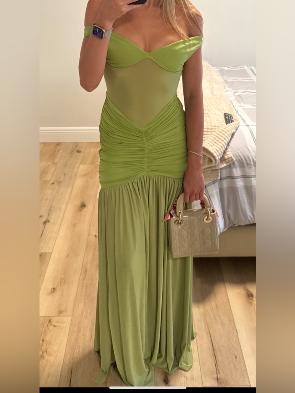 Off-Shoulder Lime Green Ruched Maxi Dress
